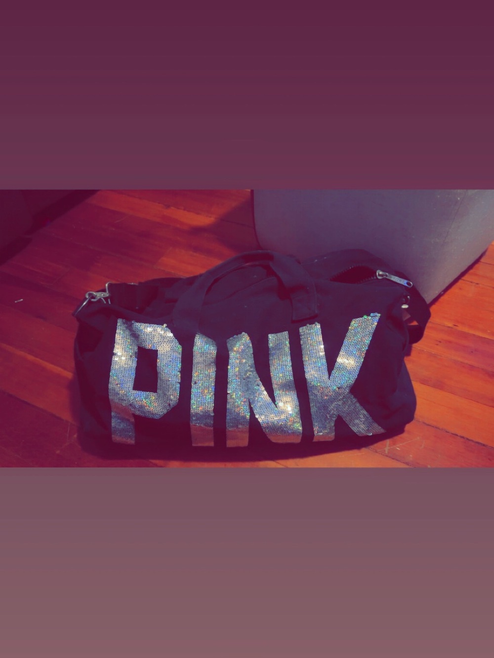 PINK Victoria's Secret Black Duffle with Silver Sequin Logo